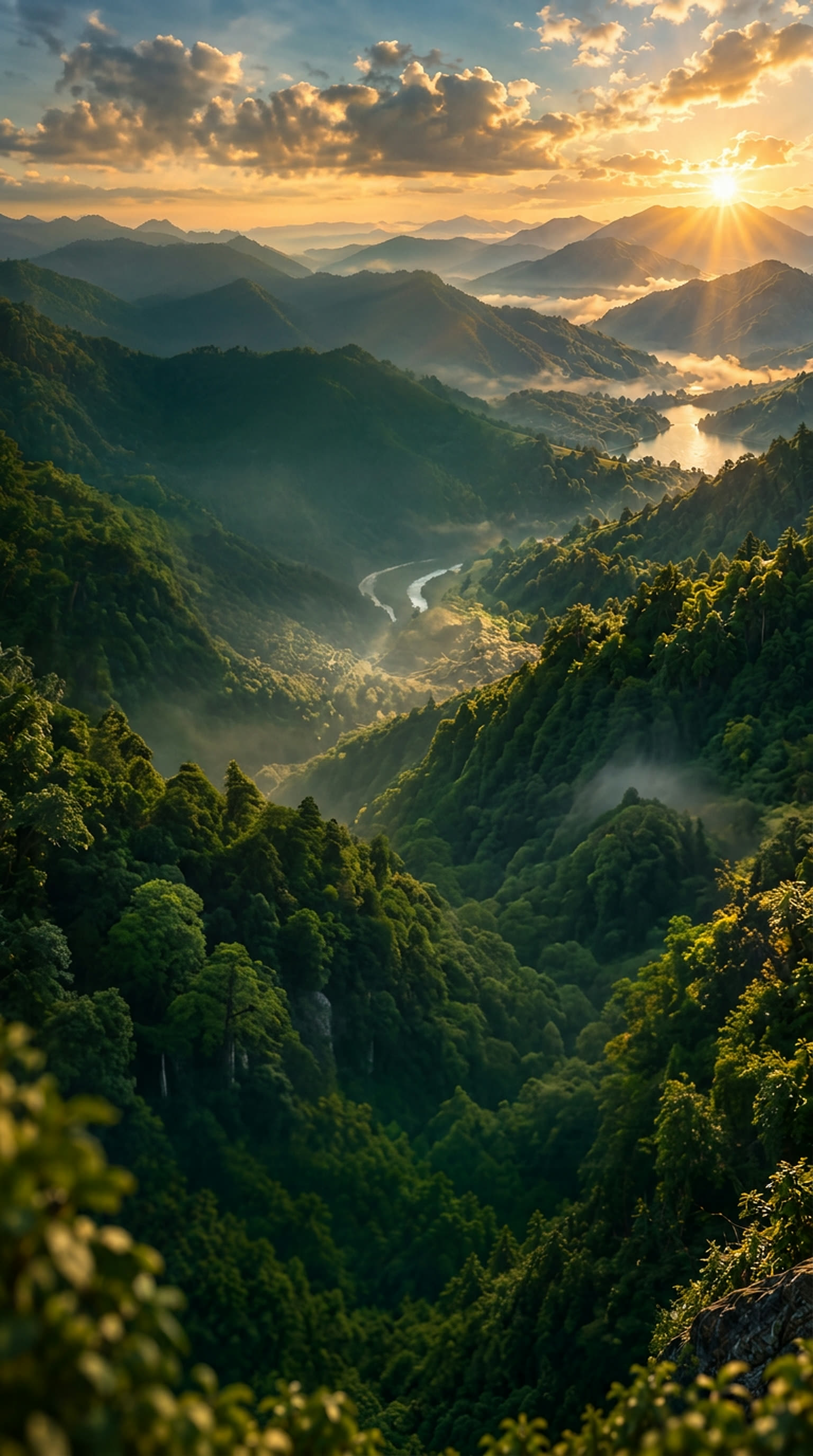 Radiant sunrise over a serene emerald mountain valley
